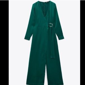 Zara wrap jumpsuit with buckle, bottle green, overlay